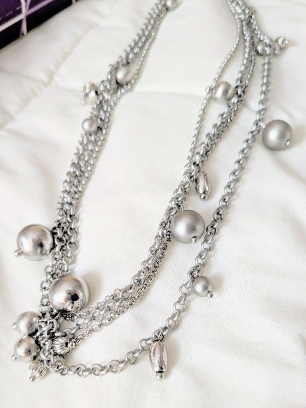 Lia Sophia Silver Screen Necklace Polished Satin Silver Layered Chains Beads NWT